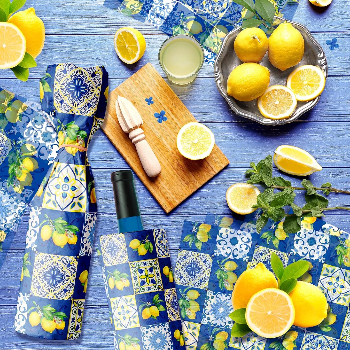 50 Sheets Blue Tiles Lemon Tissue Paper, 20 x 14 Inches Blue Tiles Lemons Gift Wrapping Paper, Lemon Pattern Art Craft Paper for Birthday Gift Bag Fillers, Wedding, Bridal Shower Party Supplies