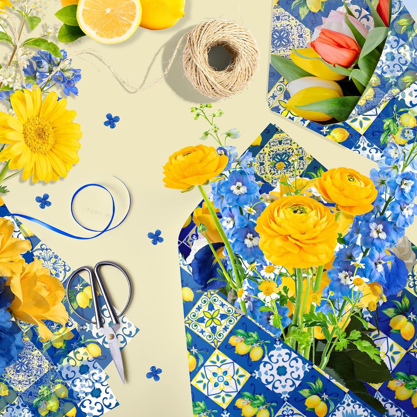 50 Sheets Blue Tiles Lemon Tissue Paper, 20 x 14 Inches Blue Tiles Lemons Gift Wrapping Paper, Lemon Pattern Art Craft Paper for Birthday Gift Bag Fillers, Wedding, Bridal Shower Party Supplies