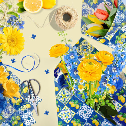 50 Sheets Blue Tiles Lemon Tissue Paper, 20 x 14 Inches Blue Tiles Lemons Gift Wrapping Paper, Lemon Pattern Art Craft Paper for Birthday Gift Bag Fillers, Wedding, Bridal Shower Party Supplies