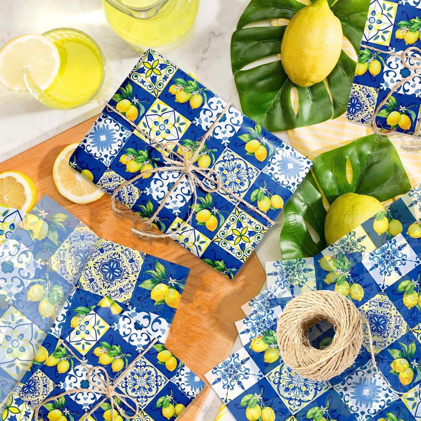 50 Sheets Blue Tiles Lemon Tissue Paper, 20 x 14 Inches Blue Tiles Lemons Gift Wrapping Paper, Lemon Pattern Art Craft Paper for Birthday Gift Bag Fillers, Wedding, Bridal Shower Party Supplies