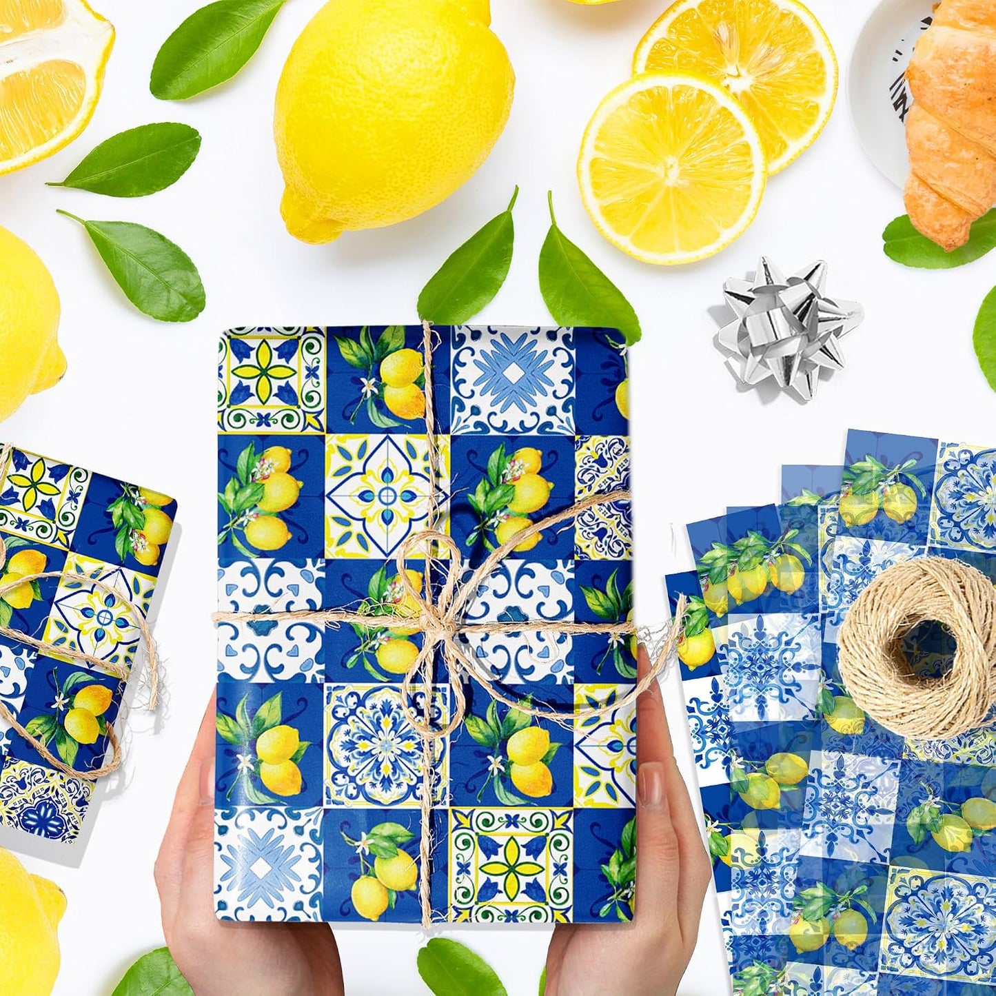 50 Sheets Blue Tiles Lemon Tissue Paper, 20 x 14 Inches Blue Tiles Lemons Gift Wrapping Paper, Lemon Pattern Art Craft Paper for Birthday Gift Bag Fillers, Wedding, Bridal Shower Party Supplies