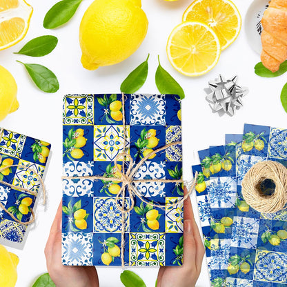 50 Sheets Blue Tiles Lemon Tissue Paper, 20 x 14 Inches Blue Tiles Lemons Gift Wrapping Paper, Lemon Pattern Art Craft Paper for Birthday Gift Bag Fillers, Wedding, Bridal Shower Party Supplies