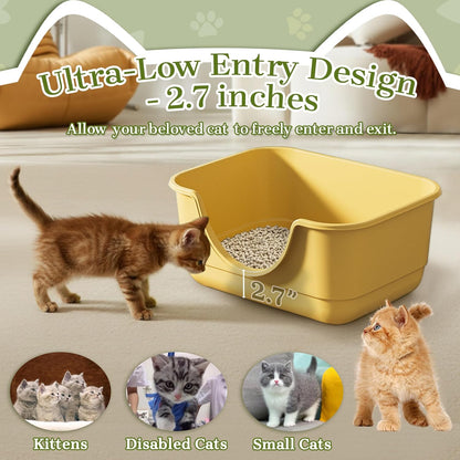 Low Entry Small Litter Box for Kittens, Kitty Plastic Litter Boxes, Open Top, Anti-Splash High Sided Litter Tray Pan for Medium Pets, Puppy, Easy to Clean, 15.7" L*11.8" W*6.7" H (Yellow)