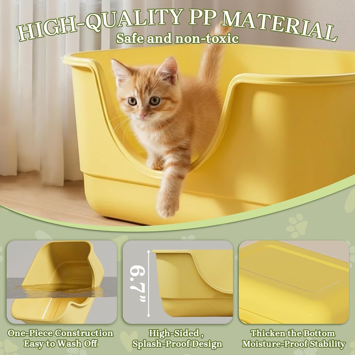 Low Entry Small Litter Box for Kittens, Kitty Plastic Litter Boxes, Open Top, Anti-Splash High Sided Litter Tray Pan for Medium Pets, Puppy, Easy to Clean, 15.7" L*11.8" W*6.7" H (Yellow)