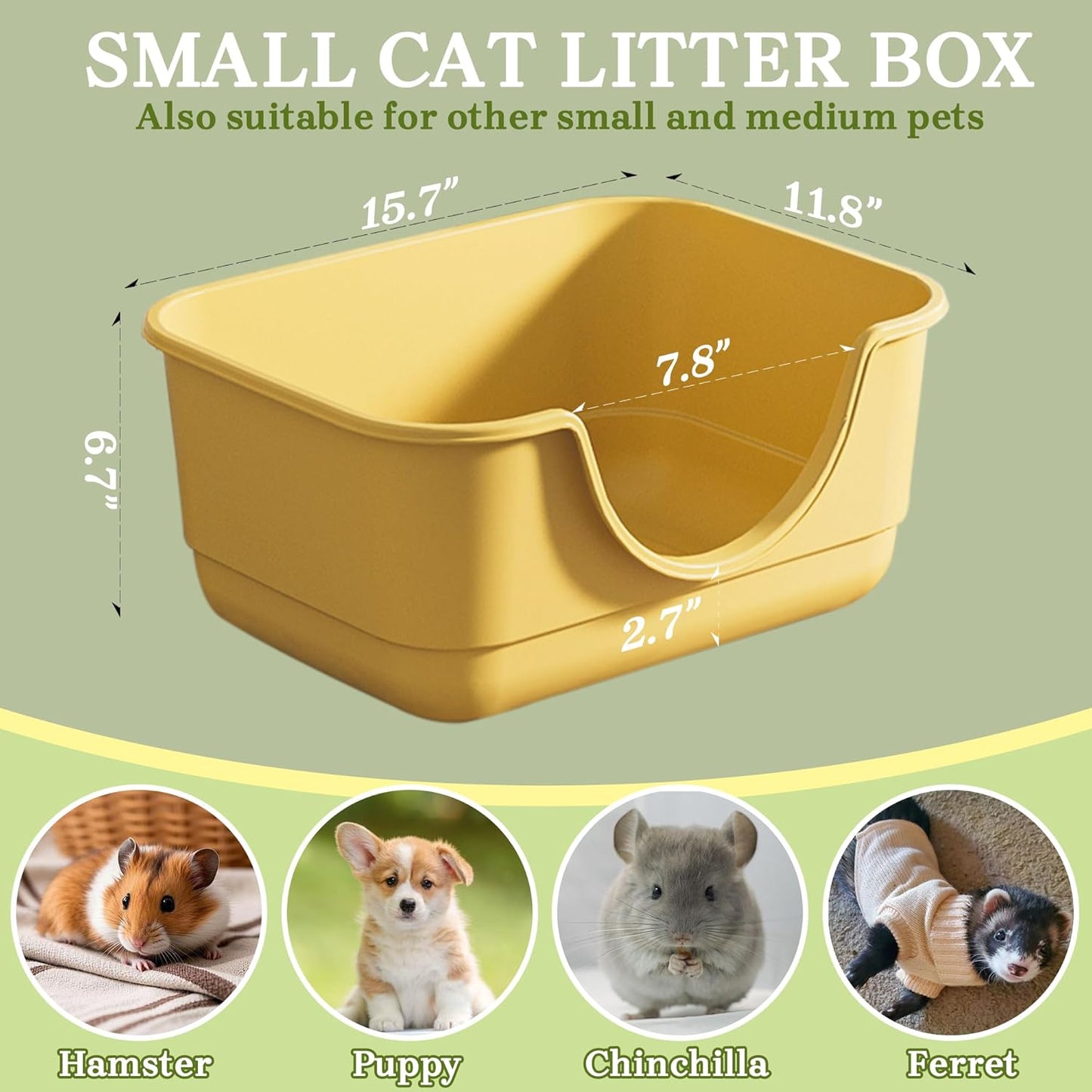Low Entry Small Litter Box for Kittens, Kitty Plastic Litter Boxes, Open Top, Anti-Splash High Sided Litter Tray Pan for Medium Pets, Puppy, Easy to Clean, 15.7" L*11.8" W*6.7" H (Yellow)