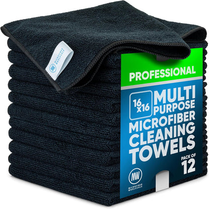 MW Pro 16x16 Commercial Cleaning Rags - Professional Janitorial Supplies for Dusting, Office & Heavy Duty Cleaning - Multi-Surface Dusters (Yellow, 12-Pack)