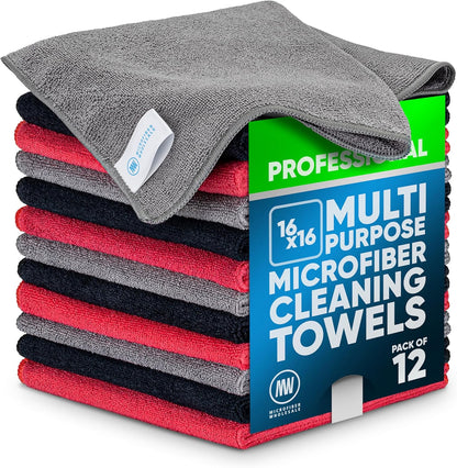 MW Pro 16x16 Commercial Cleaning Rags - Professional Janitorial Supplies for Dusting, Office & Heavy Duty Cleaning - Multi-Surface Dusters (Yellow, 12-Pack)