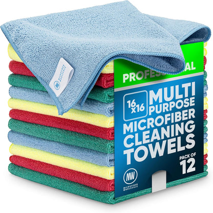 MW Pro 16x16 Commercial Cleaning Rags - Professional Janitorial Supplies for Dusting, Office & Heavy Duty Cleaning - Multi-Surface Dusters (Yellow, 12-Pack)
