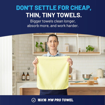 MW Pro 16x16 Commercial Cleaning Rags - Professional Janitorial Supplies for Dusting, Office & Heavy Duty Cleaning - Multi-Surface Dusters (Yellow, 12-Pack)