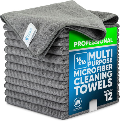 MW Pro 16x16 Commercial Cleaning Rags - Professional Janitorial Supplies for Dusting, Office & Heavy Duty Cleaning - Multi-Surface Dusters (Yellow, 12-Pack)