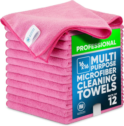 MW Pro 16x16 Commercial Cleaning Rags - Professional Janitorial Supplies for Dusting, Office & Heavy Duty Cleaning - Multi-Surface Dusters (Yellow, 12-Pack)