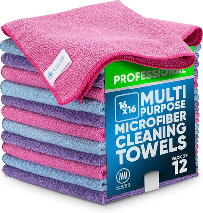 MW Pro 16x16 Commercial Cleaning Rags - Professional Janitorial Supplies for Dusting, Office & Heavy Duty Cleaning - Multi-Surface Dusters (Yellow, 12-Pack)