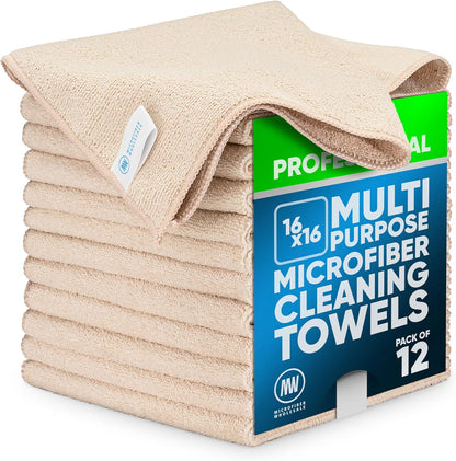 MW Pro 16x16 Commercial Cleaning Rags - Professional Janitorial Supplies for Dusting, Office & Heavy Duty Cleaning - Multi-Surface Dusters (Yellow, 12-Pack)