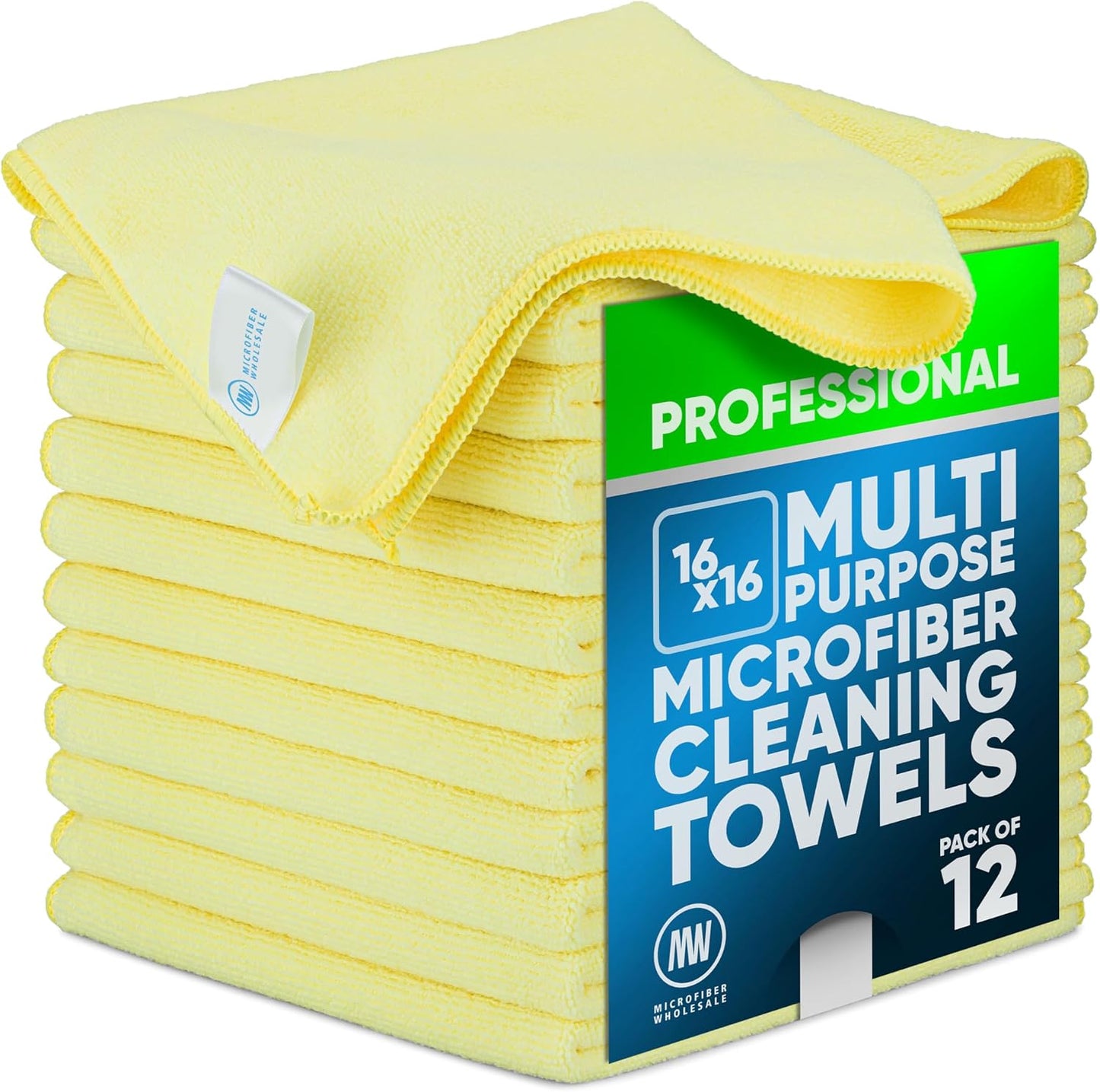 MW Pro 16x16 Commercial Cleaning Rags - Professional Janitorial Supplies for Dusting, Office & Heavy Duty Cleaning - Multi-Surface Dusters (Yellow, 12-Pack)