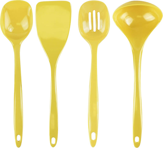 100% Melamine Kitchen Utensil Set, Non Scratching Ladle, Spoon, Slotted Spoon & Spatula, Easy To Hold, Set of 4, Lemon