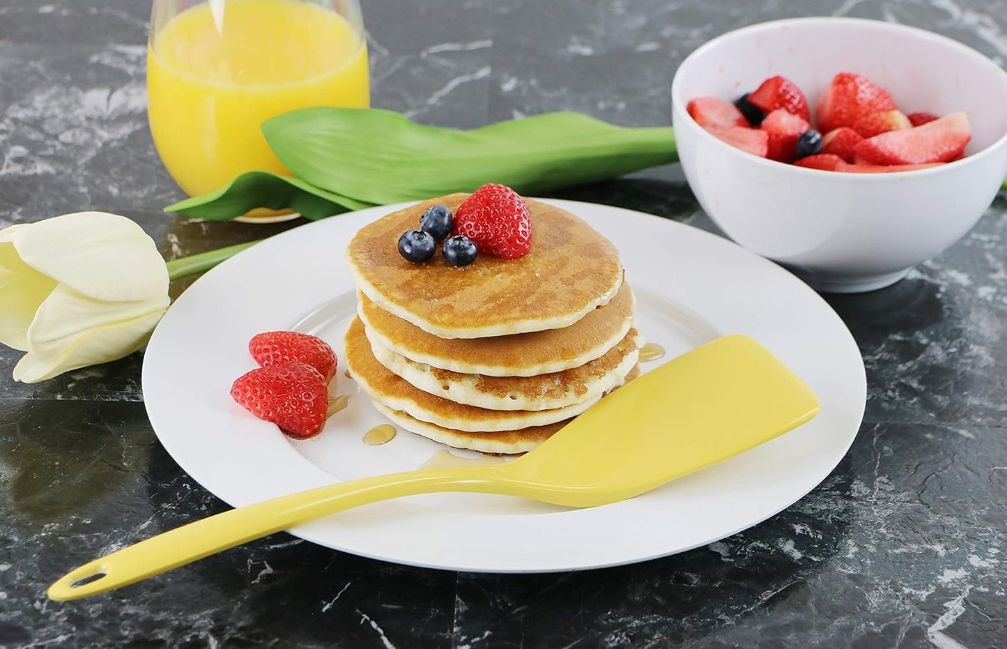 100% Melamine Kitchen Utensil Set, Non Scratching Ladle, Spoon, Slotted Spoon & Spatula, Easy To Hold, Set of 4, Lemon