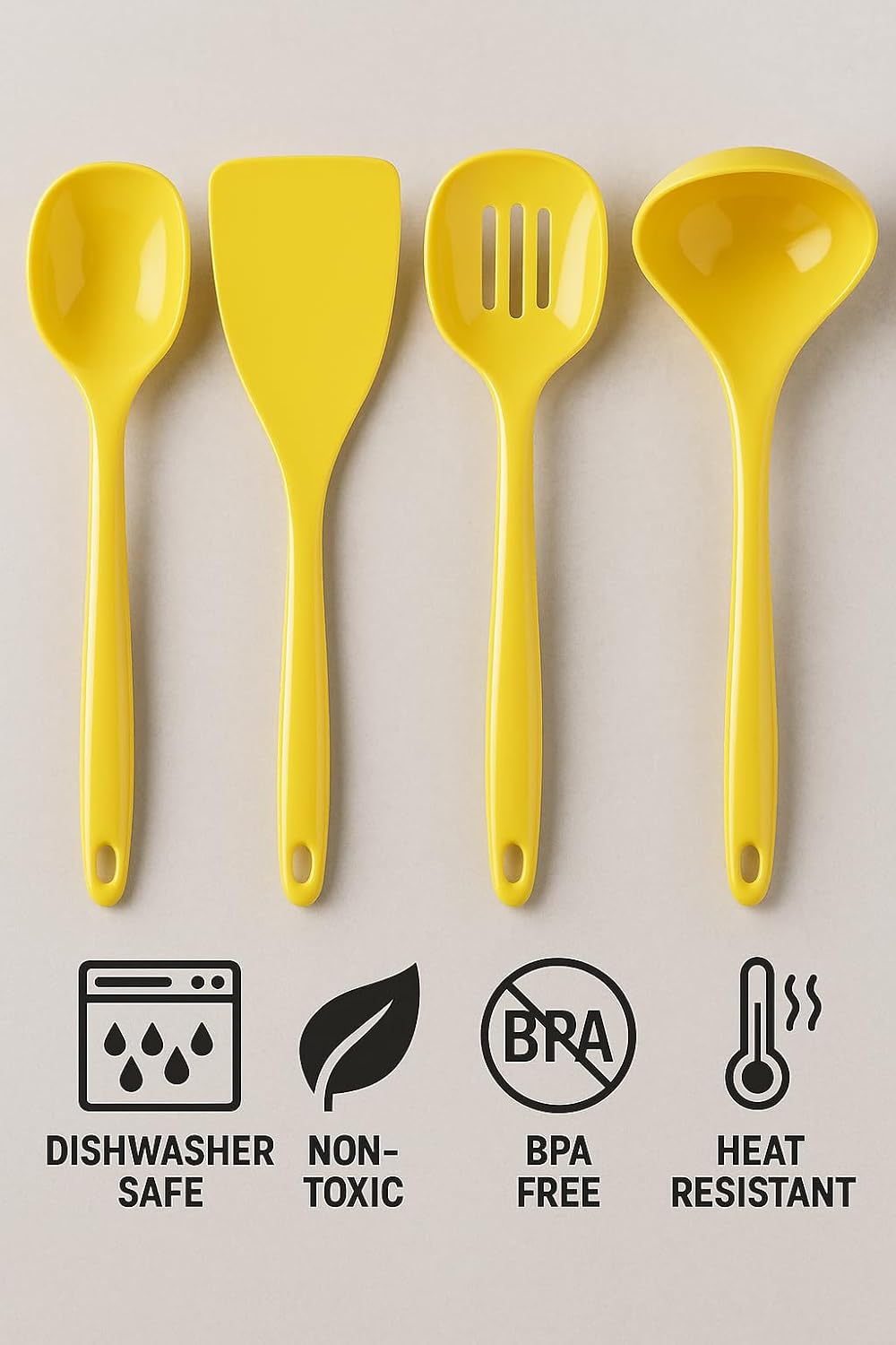 100% Melamine Kitchen Utensil Set, Non Scratching Ladle, Spoon, Slotted Spoon & Spatula, Easy To Hold, Set of 4, Lemon