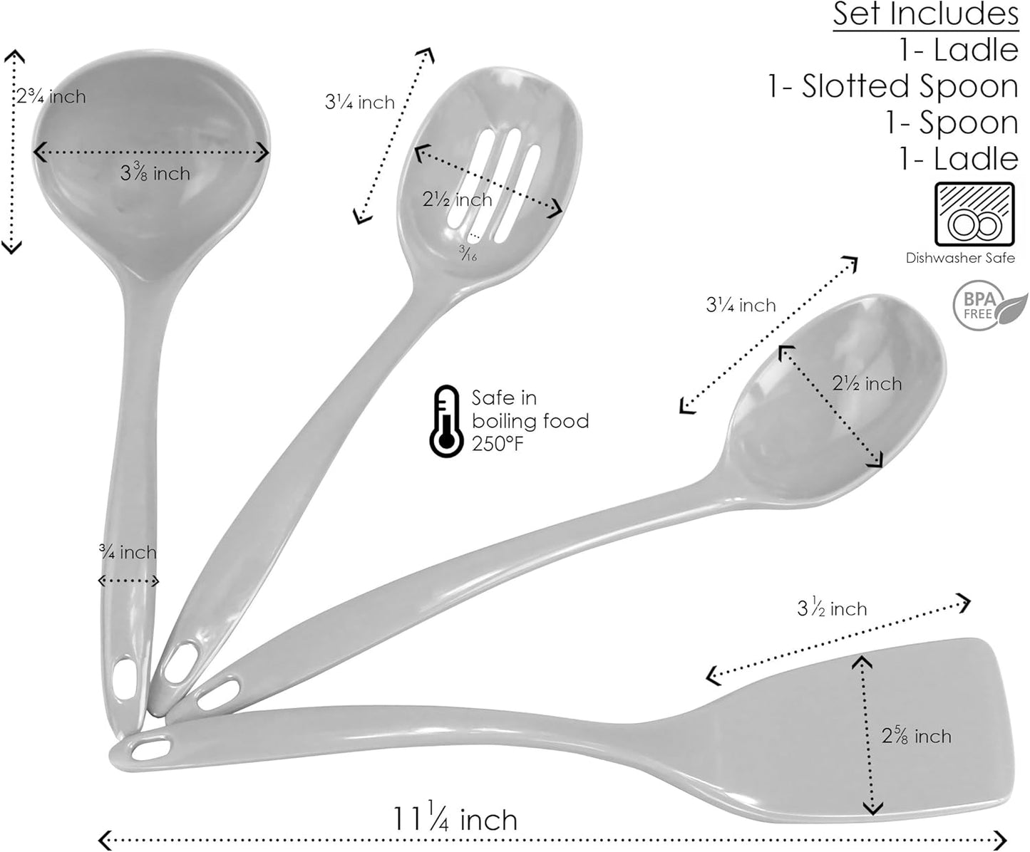 100% Melamine Kitchen Utensil Set, Non Scratching Ladle, Spoon, Slotted Spoon & Spatula, Easy To Hold, Set of 4, Lemon