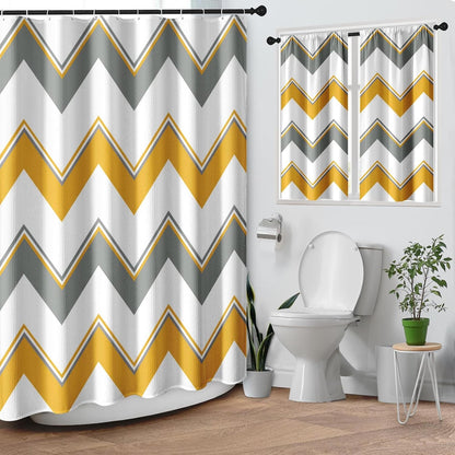 Chevron Striped Yellow Gray Modern Waffle Textured Cloth Shower Curtain Set, Zig Zag Wave Farmhouse Bathroom Window Waterproof Shower Curtains for Bathroom Decor