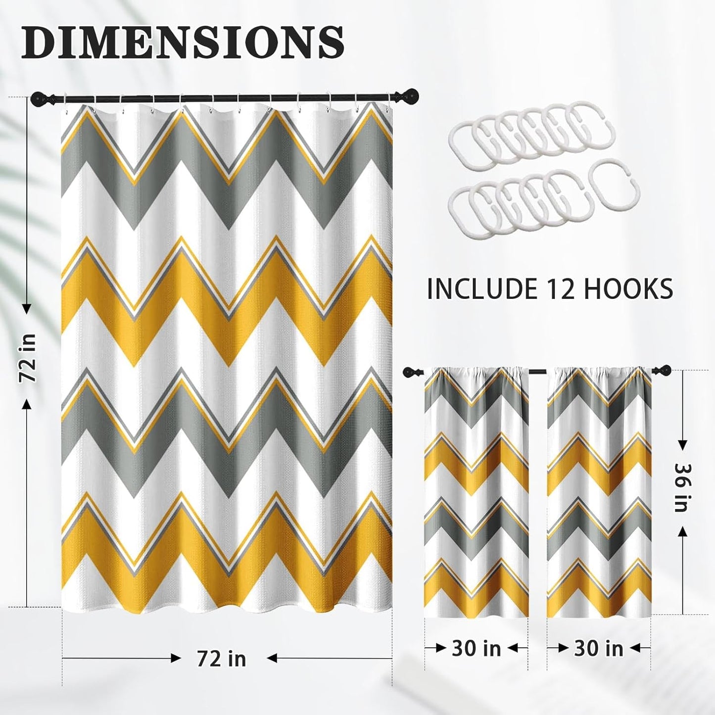 Chevron Striped Yellow Gray Modern Waffle Textured Cloth Shower Curtain Set, Zig Zag Wave Farmhouse Bathroom Window Waterproof Shower Curtains for Bathroom Decor