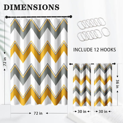 Chevron Striped Yellow Gray Modern Waffle Textured Cloth Shower Curtain Set, Zig Zag Wave Farmhouse Bathroom Window Waterproof Shower Curtains for Bathroom Decor