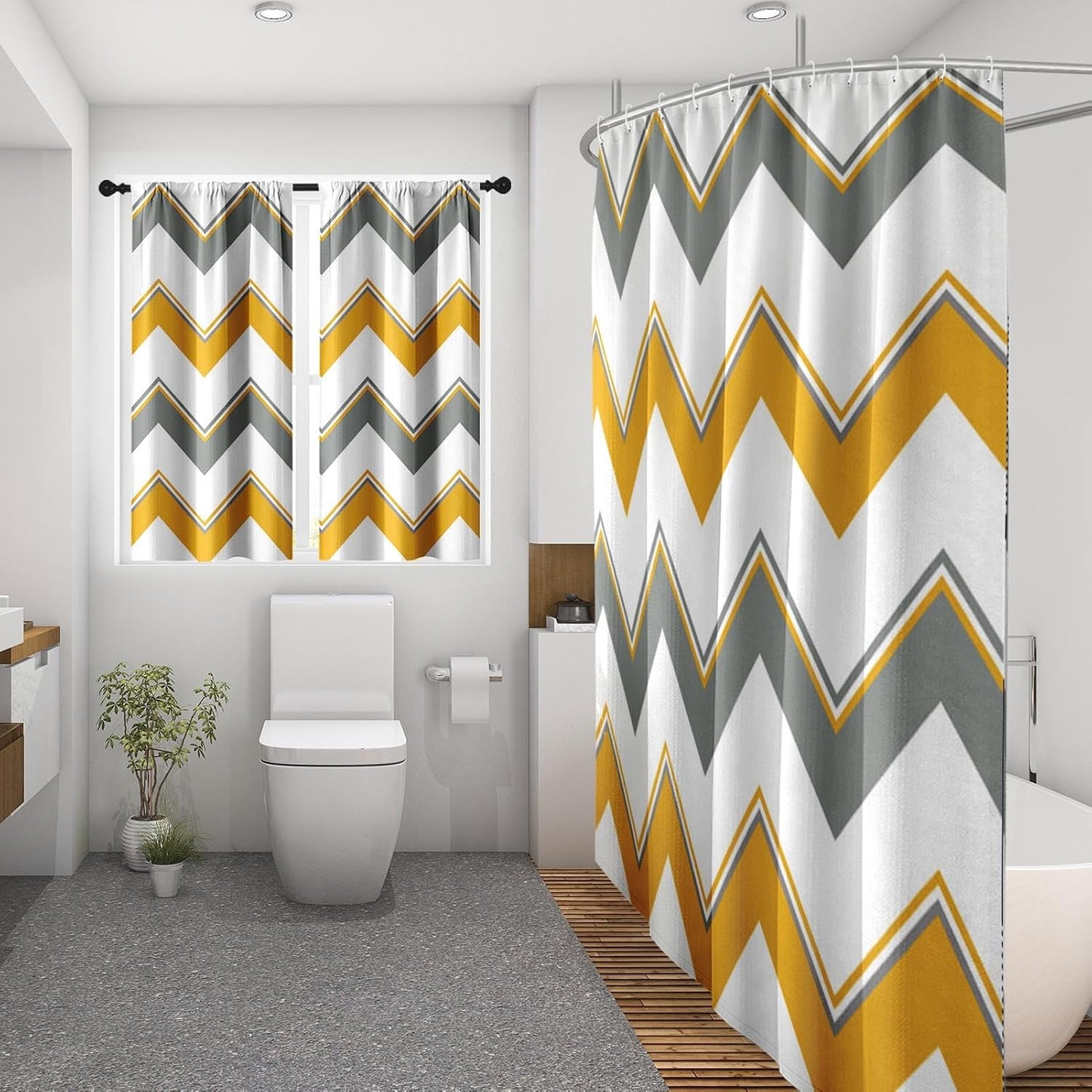 Chevron Striped Yellow Gray Modern Waffle Textured Cloth Shower Curtain Set, Zig Zag Wave Farmhouse Bathroom Window Waterproof Shower Curtains for Bathroom Decor