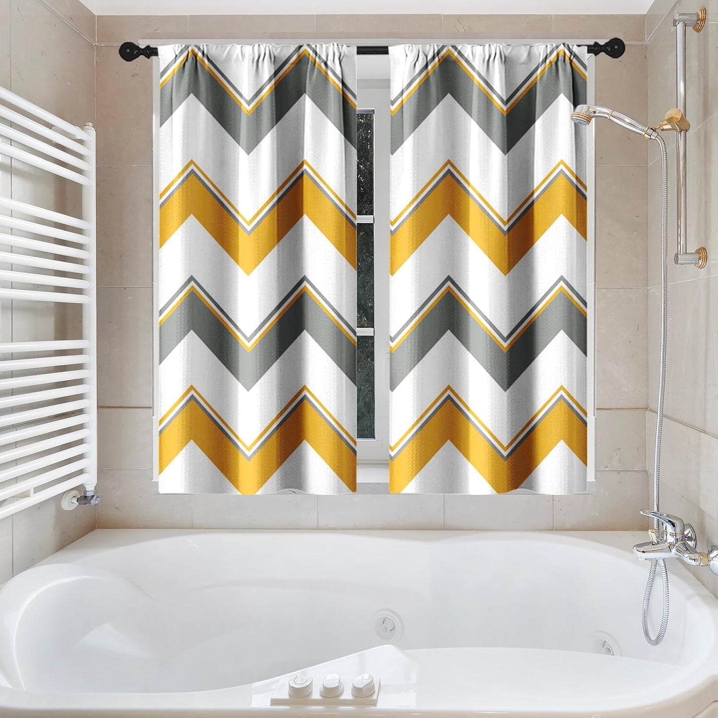 Chevron Striped Yellow Gray Modern Waffle Textured Cloth Shower Curtain Set, Zig Zag Wave Farmhouse Bathroom Window Waterproof Shower Curtains for Bathroom Decor