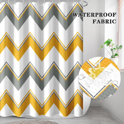 Chevron Striped Yellow Gray Modern Waffle Textured Cloth Shower Curtain Set, Zig Zag Wave Farmhouse Bathroom Window Waterproof Shower Curtains for Bathroom Decor