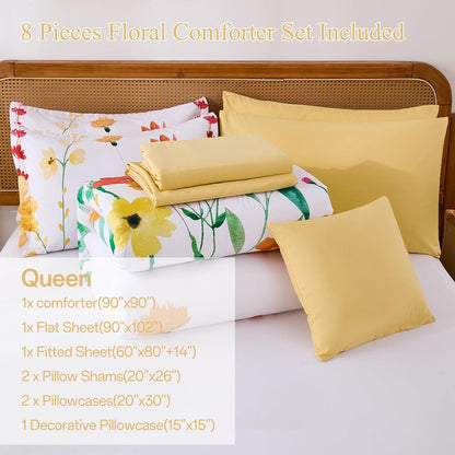 Annibedding Floral Queen Size Comforter Set, 8 Pieces Yellow Flower Botanical Soft Microfiber Bed in a Bag Bedding Set with Pillowcase Sheet for All Season (90"x90")