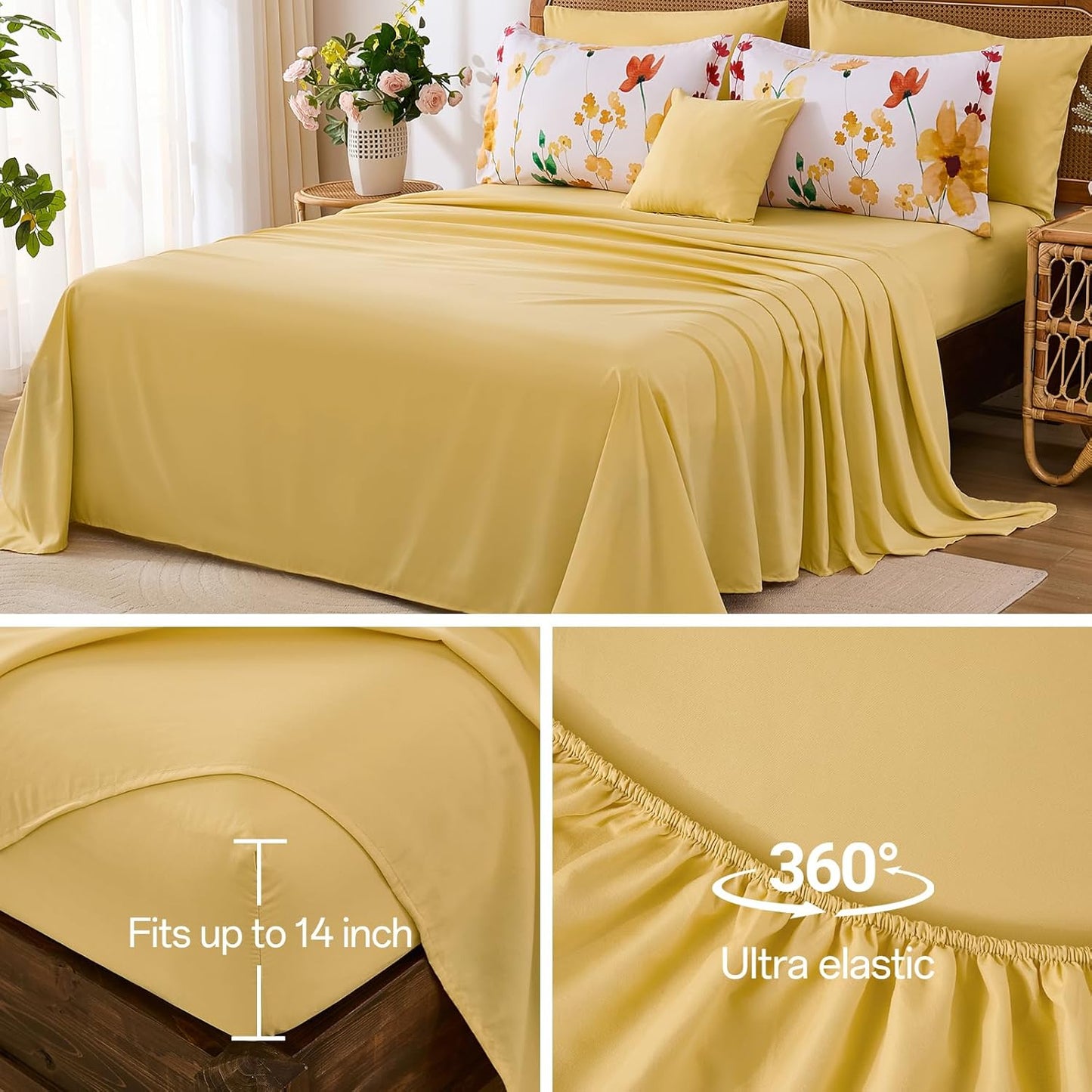 Annibedding Floral Queen Size Comforter Set, 8 Pieces Yellow Flower Botanical Soft Microfiber Bed in a Bag Bedding Set with Pillowcase Sheet for All Season (90"x90")