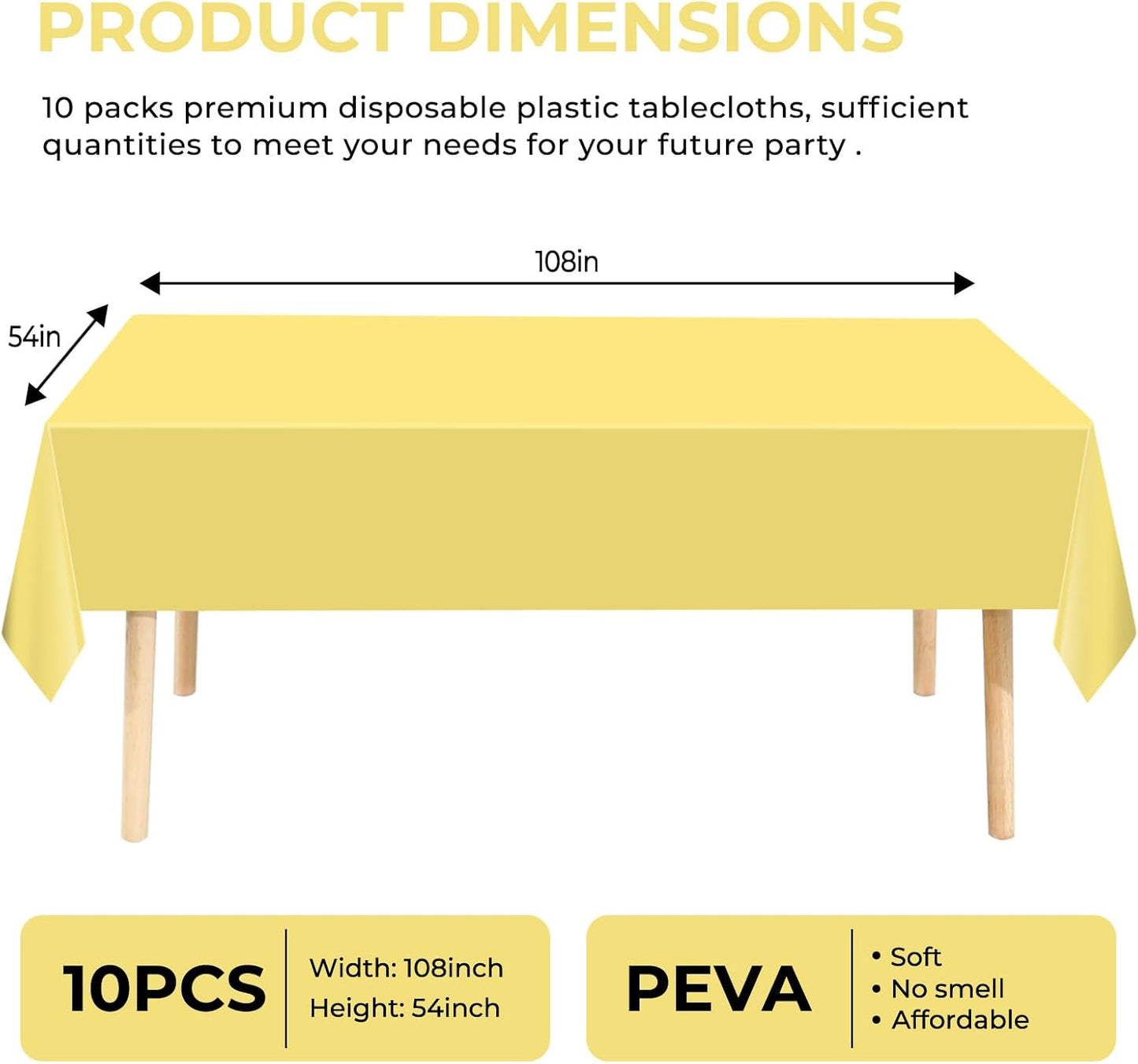 10 Pack Premium Disposable Plastic Tablecloth 54" X 108" Rectangle Table Cover for Birthdays Weddings Christmas Anniversary Buffet Table (Light Yellow)