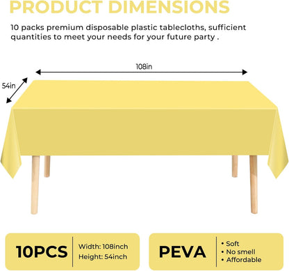 10 Pack Premium Disposable Plastic Tablecloth 54" X 108" Rectangle Table Cover for Birthdays Weddings Christmas Anniversary Buffet Table (Light Yellow)