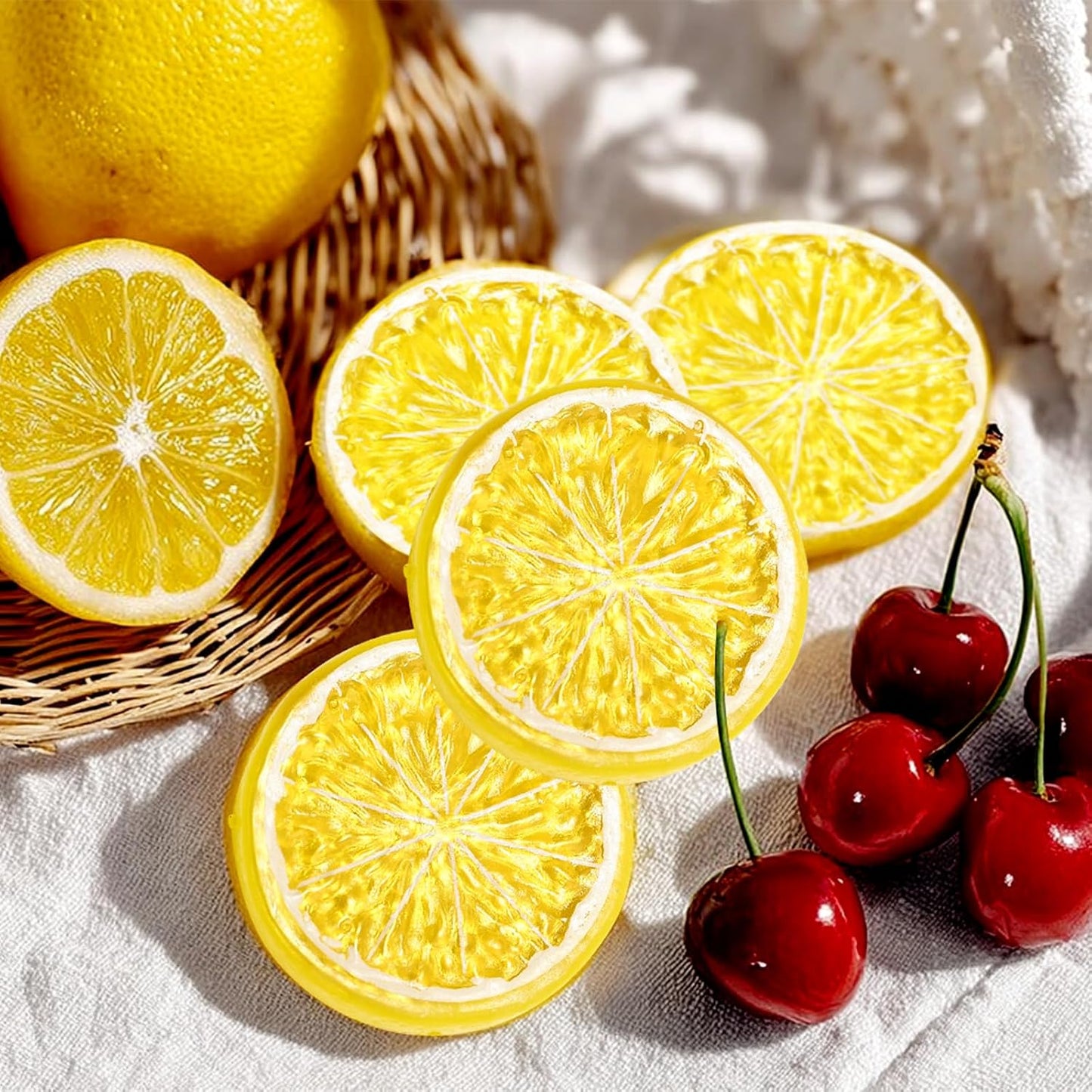20PCS Yellow Artificial Lemon Slices, Plastic | Fake Fruit Models, Home Kitchen Dining Table Decor, Wedding Party Decoration, Photography Prop