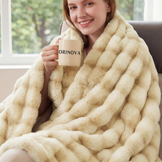 ORINOVA Light Tie-dye Yellow Faux Fur Rabbit Thick Throw Blanket for Couch Living Room 50x60 Fluffy Bed Furry Comforter Soft Blanket Best Housewarming Home Gifts 860 GSM