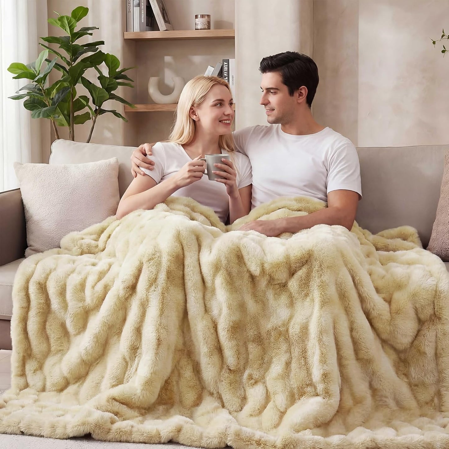 ORINOVA Light Tie-dye Yellow Faux Fur Rabbit Thick Throw Blanket for Couch Living Room 50x60 Fluffy Bed Furry Comforter Soft Blanket Best Housewarming Home Gifts 860 GSM
