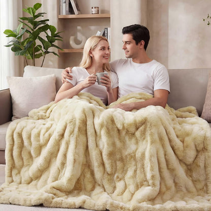 ORINOVA Light Tie-dye Yellow Faux Fur Rabbit Thick Throw Blanket for Couch Living Room 50x60 Fluffy Bed Furry Comforter Soft Blanket Best Housewarming Home Gifts 860 GSM