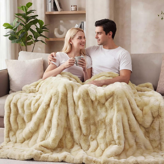 ORINOVA Light Tie-dye Yellow Faux Fur Rabbit Thick Throw Blanket for Couch Living Room 50x60 Fluffy Bed Furry Comforter Soft Blanket Best Housewarming Home Gifts 860 GSM