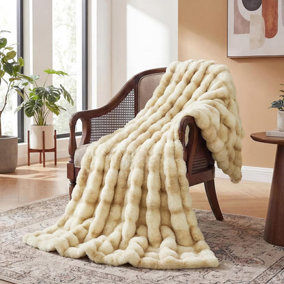 ORINOVA Light Tie-dye Yellow Faux Fur Rabbit Thick Throw Blanket for Couch Living Room 50x60 Fluffy Bed Furry Comforter Soft Blanket Best Housewarming Home Gifts 860 GSM