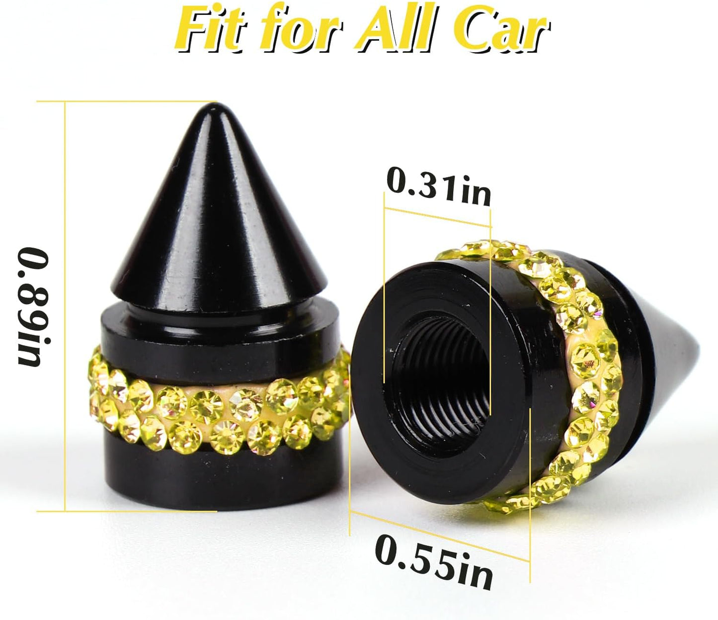 Bling Yellow Tire Valve Caps, Handmade Crystal Rhinestone Dimand Tire Caps, 4 Pack Aluminum Alloy Universal Valve Stem Caps Bling Car Accessories for Women(Yellow)