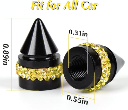 Bling Yellow Tire Valve Caps, Handmade Crystal Rhinestone Dimand Tire Caps, 4 Pack Aluminum Alloy Universal Valve Stem Caps Bling Car Accessories for Women(Yellow)