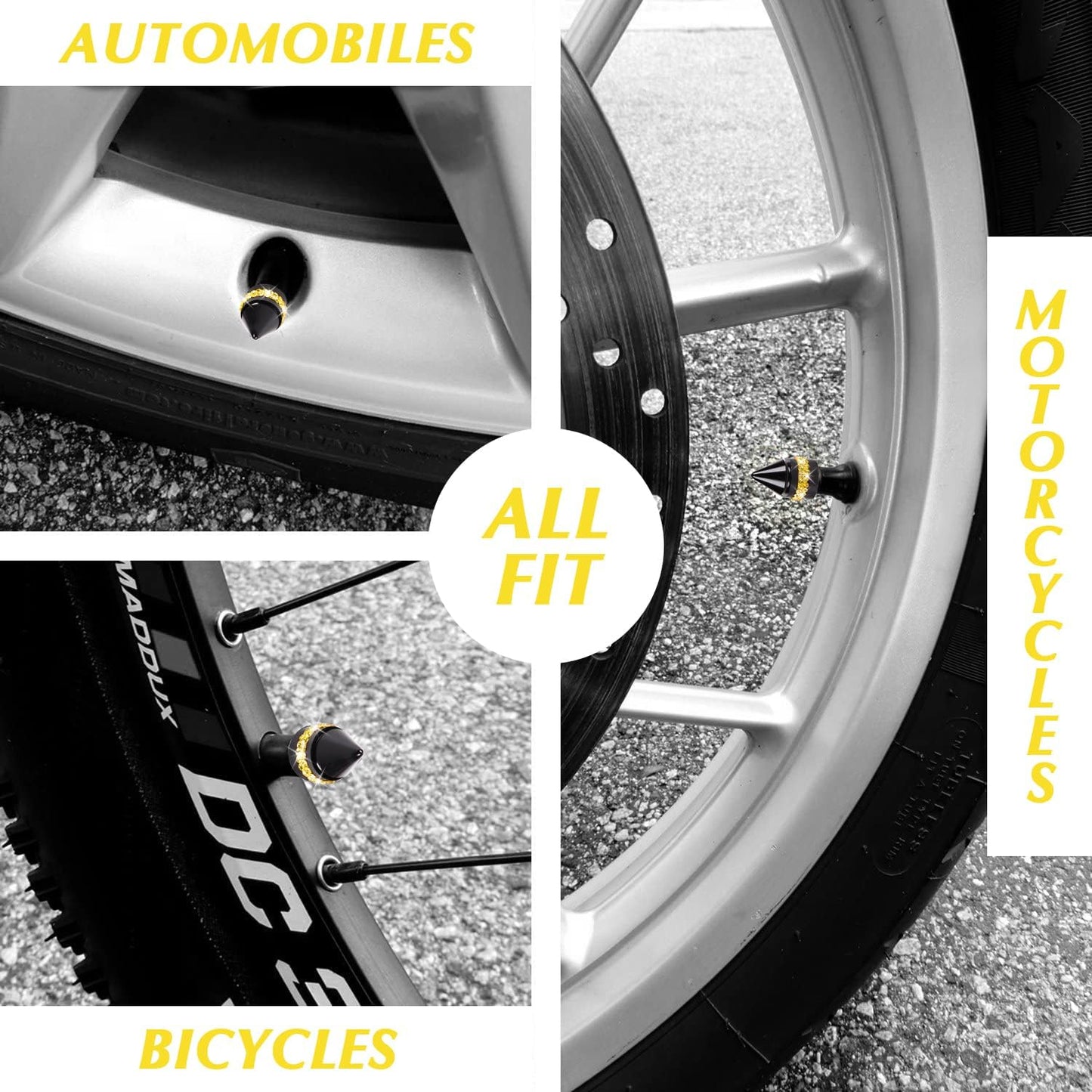 Bling Yellow Tire Valve Caps, Handmade Crystal Rhinestone Dimand Tire Caps, 4 Pack Aluminum Alloy Universal Valve Stem Caps Bling Car Accessories for Women(Yellow)