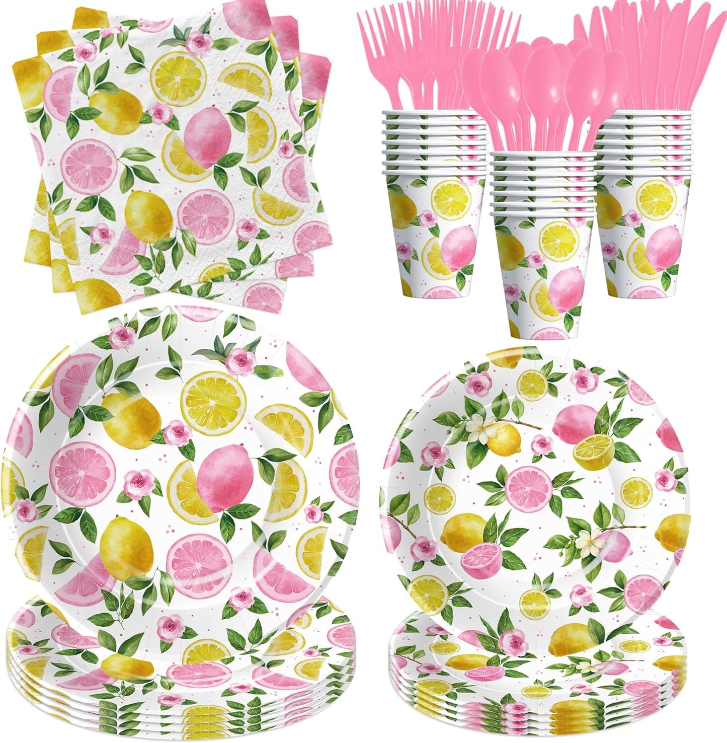 Lemon Party Decorations Tableware For Girls, Summer Pink Lemon Birthday Party Supplies, Disposable Paper Plate, Napkin, Cup, Cutlery, for Birthday Baby Shower Bridal Shower, 24 Guests