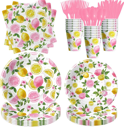 Lemon Party Decorations Tableware For Girls, Summer Pink Lemon Birthday Party Supplies, Disposable Paper Plate, Napkin, Cup, Cutlery, for Birthday Baby Shower Bridal Shower, 24 Guests