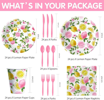 Lemon Party Decorations Tableware For Girls, Summer Pink Lemon Birthday Party Supplies, Disposable Paper Plate, Napkin, Cup, Cutlery, for Birthday Baby Shower Bridal Shower, 24 Guests