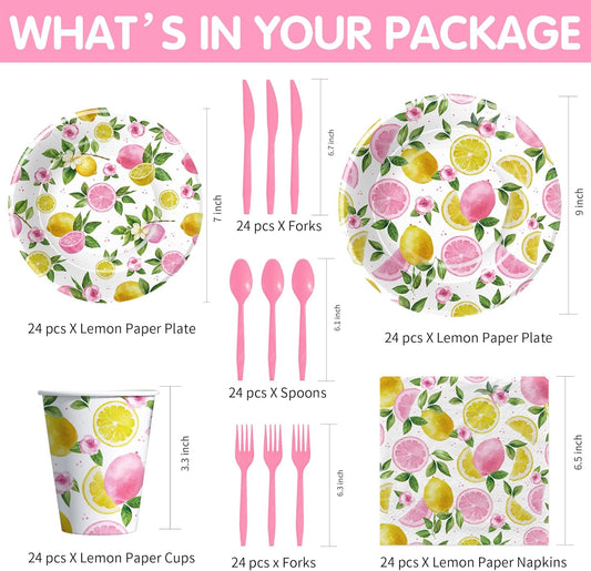 Lemon Party Decorations Tableware For Girls, Summer Pink Lemon Birthday Party Supplies, Disposable Paper Plate, Napkin, Cup, Cutlery, for Birthday Baby Shower Bridal Shower, 24 Guests