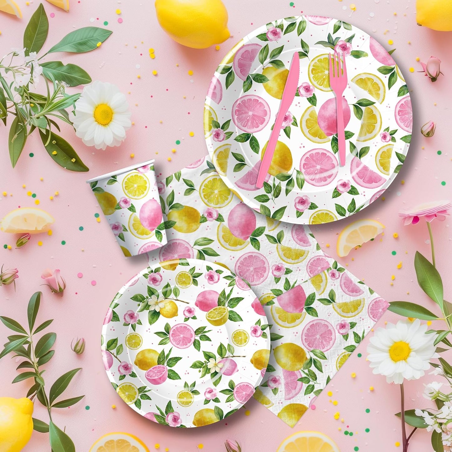 Lemon Party Decorations Tableware For Girls, Summer Pink Lemon Birthday Party Supplies, Disposable Paper Plate, Napkin, Cup, Cutlery, for Birthday Baby Shower Bridal Shower, 24 Guests