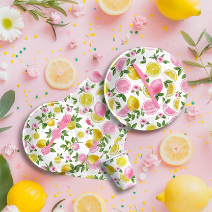 Lemon Party Decorations Tableware For Girls, Summer Pink Lemon Birthday Party Supplies, Disposable Paper Plate, Napkin, Cup, Cutlery, for Birthday Baby Shower Bridal Shower, 24 Guests