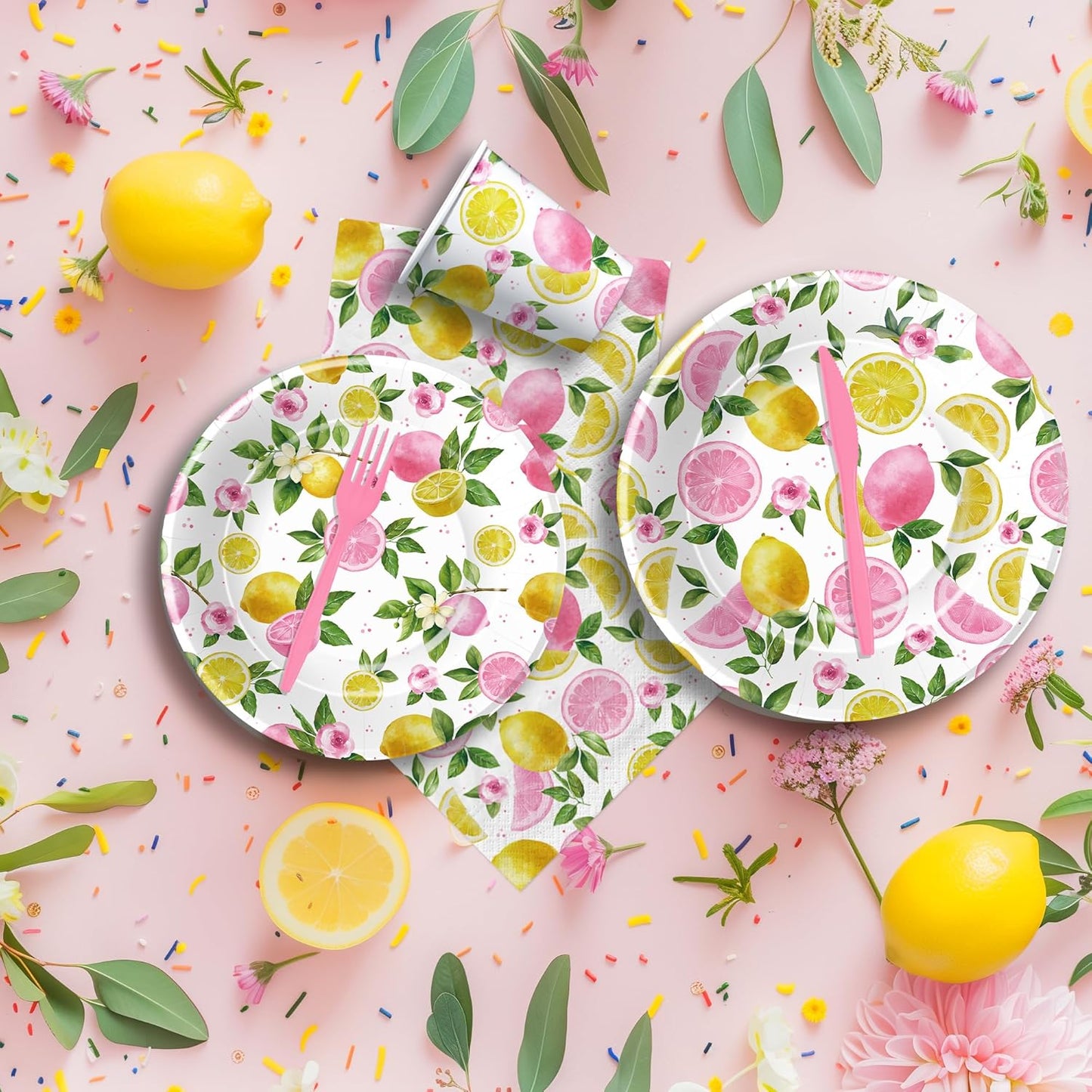 Lemon Party Decorations Tableware For Girls, Summer Pink Lemon Birthday Party Supplies, Disposable Paper Plate, Napkin, Cup, Cutlery, for Birthday Baby Shower Bridal Shower, 24 Guests