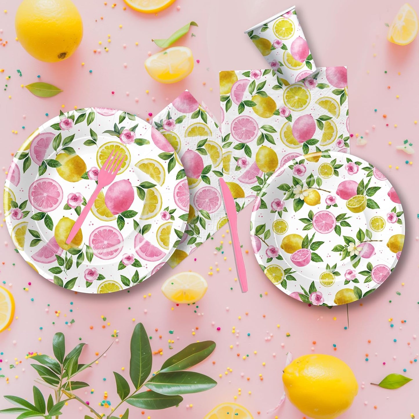 Lemon Party Decorations Tableware For Girls, Summer Pink Lemon Birthday Party Supplies, Disposable Paper Plate, Napkin, Cup, Cutlery, for Birthday Baby Shower Bridal Shower, 24 Guests