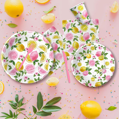 Lemon Party Decorations Tableware For Girls, Summer Pink Lemon Birthday Party Supplies, Disposable Paper Plate, Napkin, Cup, Cutlery, for Birthday Baby Shower Bridal Shower, 24 Guests